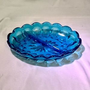 ANCHOR HOCKING RELISH DISH LASER BLUE FAIRFIELD 1970'S, DIVIDED EAPG 7”